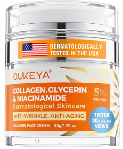 OUKEYA Crema Collagene Viso, Crema Viso Antirughe, Crema Idratante – Idratante, Illuminante, Rassodante, Con Acido Ialuronico, 50g