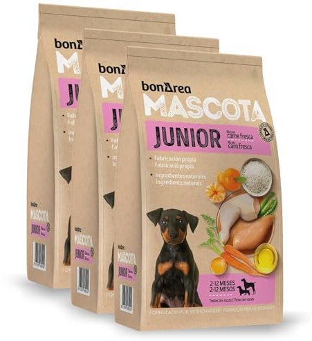 BonÀrea – Futter für Hunde und Welpen – Packung mit 3 x 3 kg (insgesamt 9 kg) – kleine, mittlere und große Rassen – vom Entwöhnen bis zum Erwachsenen – enthält natürliche Zutaten – Junior