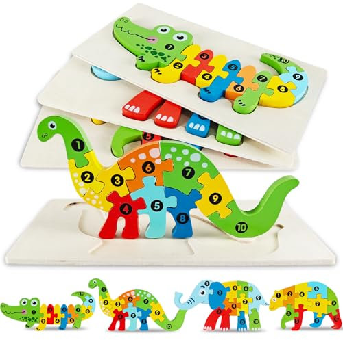 4 Pack 3D Wooden Jigsaw Puzzle for Kids, Wooden Puzzles Toys for 1-3 Year Old Boys Girls Birthday Gift for 1-3 Year Old Toddlers Kids Education Toy Age 1 2 3 Baby Children (Animal)