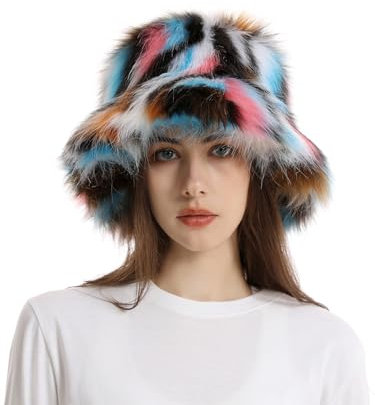 JAWSEU Damen Wintermütze Bucket Hüte Flauschiger Fischerhut Kunstfell Hut Fuzzy Furry Warm Hut Damen Winter Fuzzy Faux Fur Bucket Hat Warmer Fisherman Hüte für Frauen Weiche Flauschige Warme Kappe
