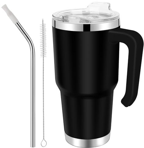 EQARD Mug Isotherme Cafe avec Paille Poignée Tasse de Voyage avec Couvercle étanche Gobelet Inox avec Tube Brosse Thermos Cafés pour Chaud ou Glacé Tous Sans BPA (Noir, 30oz Couvercle à Vis)