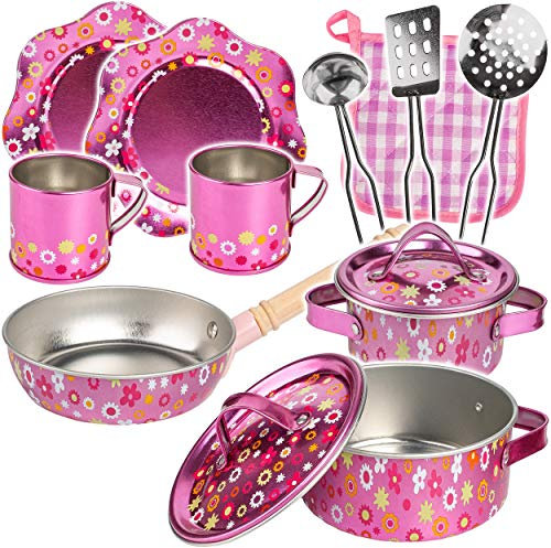 alles-meine.de GmbH 13 TLG. Set Kochset & Topfset + Puppengeschirr/Kochtopfset - Bunte Blumen - aus Metall/Emaille - echte Blech Töpfe/Panne + Küchenhelfer - Kochgeschirr..