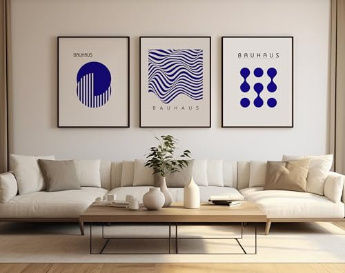 3er-Set Bauhaus Poster – Schwarz-Weiß Minimalistische Kunst, 200g Papier, ungerahmt – Zeitloses Design für Moderne Wohnräume (Blau, A4 (210 × 297 mm), Ungerahmt)