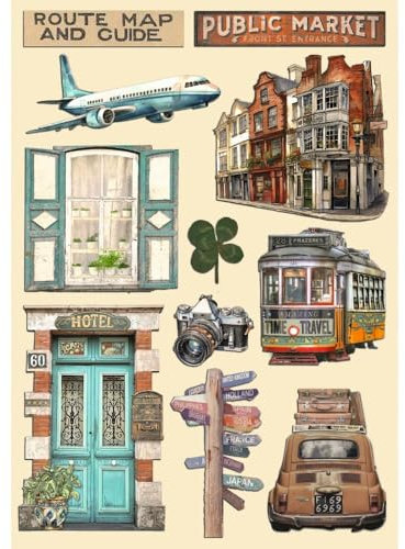 Stamperia - Coloured Wooden Shapes for Scrapbooks, Albums, Cards, Bullet Journals and More, Laser Cut, Printed for Enhanced Detail, Perfect for Crafts and Gifting (Art of Travelling) (A5)