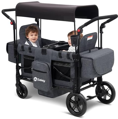 Sekey Wagon Stroller for 2 Kids, Luxury 4-in-1 Stroller Wagon - Premium Quality with Convertible Seats, Adjustable Push Handles, Removable Canopy, Cup Holder, Snack Tray & Cooler, US Certified
