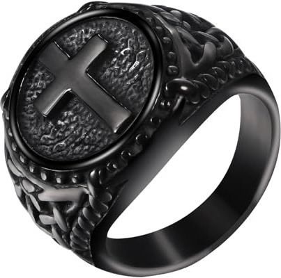 Flongo Keltische Kreuz Ring Herren: Schwarz Siegelring Keltischer Kruzifix Stempelring religiöse christlich Bnading Amulett Edelstahl Vintage Punk Biker Vatertag Männer Geschenk Ringgröße 57-71
