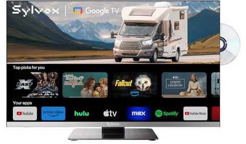 SYLVOX 24 Inch Smart TV with DVD Player, Frameless 1080P FHD, DVB/T2/S2, Hi-Fi Speakers, Small Television with Google Cast, Voice Remote, Bluetooth WiFi, 12V TVs for Motorhomes, Home, Caravans