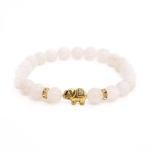 BERGERLIN Mondstein Armband mit echten Naturstein Perlen und Elefant - Größe XS-S