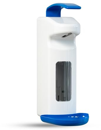 Hygiene365® Desinfektionsspender SD2015, Armhebelspender manuell für 500-1000ml – Eurospender, nachfüllbar (Weiß mit Blauer Tropfschale und blauem Armhebel)