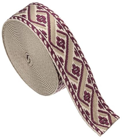 sourcing map Correa de algodón de 4.75 yardas, cinta jacquard de 50 mm, bordada, correas de poliéster para bolso, manualidades, ropa, crema, vino tinto