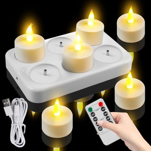 6 Stück Aufladbare Teelichter mit Timerfunktion Fernbedienung und Ladestation, LED Wiederaufladbar Elektrische Teelichter, LED Kerzen für Zimmer Wohnzimmer Halloween Weihnachten Tisch Party Deko