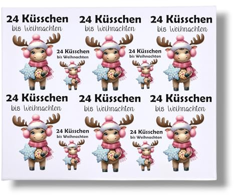 RUB-ON-Sticker Glas, 24 KÜSSCHEN; Adventskalender to go, Sprüche, Weihnachten, Wichtel, Elch, Rentier, DIN A4, randlose Rubons-Sticker, Rubon Aufkleber (Elch pink)