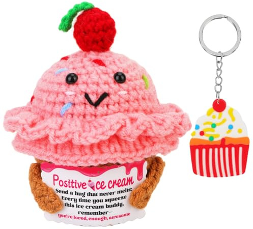 Vspek Positive Crochet Ice Cream Cup Doll, Funny Ice Cream Cup Keyring, Handmade Knitted Doll, Positivity Gifts for Women, Men, Friend, Sister, BFF, Coworker, Home Office Desk Decor, Pink