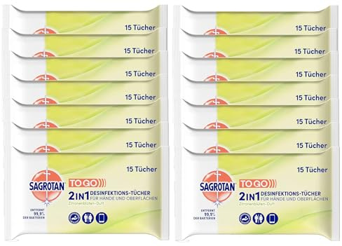 Sagrotan 2in1 Desinfektionstücher mit Zitronenblüten-Duft – Zum Desinfizieren von Händen und Oberflächen – 14 x 15 Tücher