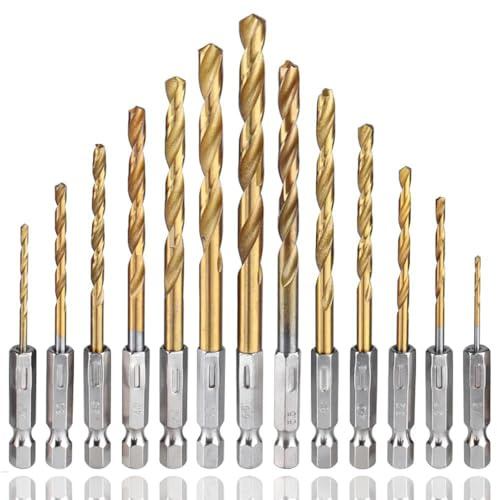 Moyata 13 Stück HSS Spiralbohrer Set, Schnellwechsel Impact Control bohrer | 1,5-6,5 mm 1/4 Sechskantschaft Titanbeschichtetes Metallbohrer Set, für Holz, Edelstahl, Metall, Kunststoff, Alumini
