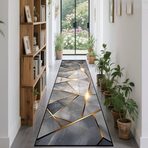 SOJAWA Teppich Marmor 60x150cm Optik Gold Grau Geometrisch Wohnzimmer Flur Schlafzimmer Esszimmer Anti-Rutsch Pflegeleicht Waschbar Fußbodenbelag für Moderne Einrichtung & Elegante Räume