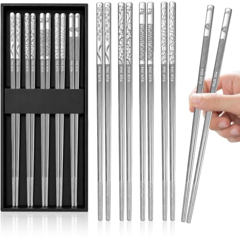 Jiaoshou Pan 5 Paires Baguettes en Acier Inoxydable, Baguettes Chinoises | Lavables au Lave Vaisselle et Réutilisables, Antidérapantes en Coffret Cadeau pour Sushi Ramen Riz Nouilles (Acier Inox A)