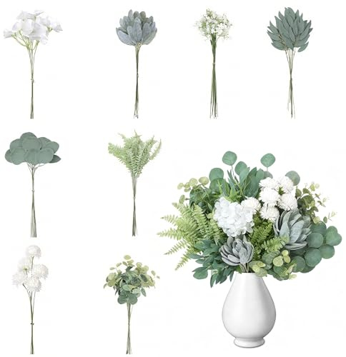 65 Stück Künstliche Zweige&Kunstblumen,Weiß Blätter Künstlich Dekozweige | kunstblumen wie echt, kunstblumen, künstliche blumen, eukalyptus deko, blumenstrauß, hochzeit, kommunion deko
