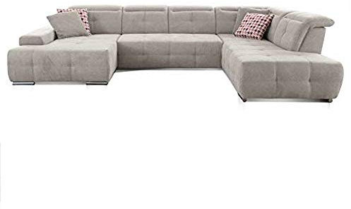 CAVADORE Wohnlandschaft Mistrel mit Longchair links / Großes Schlafsofa in U-Form / Inkl. Kopfteilfunktion und großer Liegefläche (125 x 270) / 343 x 77-93 x 228 / Kati Grau-Weiss