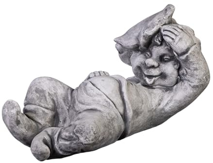 gartendekoparadies.de Gnom Faulpelz, Steinfigur Wichtel, H. 26 cm, 11 kg, Grau, frostsicher aus Steinguss für Außenbereich