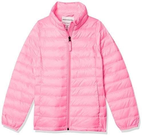 Amazon Essentials Giacca Tipo Piumino Leggero Ripiegabile e Antiacqua con Cappuccio Bambine e ragazze, Rosa Fluo, 9 anni