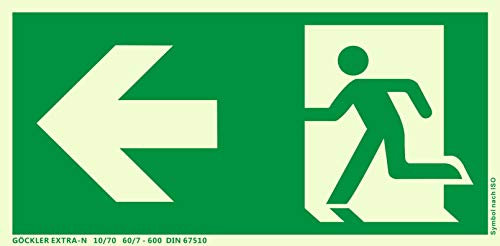 Hochwertiges Notausgangsschild stark langnachleuchtend + selbstklebend – Aluminium Platte EXTRA-N - Pfeil LINKS - Notausgang Schild grün – DIN 67510 / ISO 7010 (300 x 150 mm)