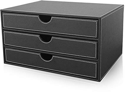 WJYLM Box Schubladenbox für Dokumente und Bürobedarf, Schreibtisch Organizer mit 3 Schubladen,Ablagesystem aus Leder,Schubfächer Briefablage Organizer,Büro und Schule,Schwarz