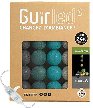 GuirLED - LED Baumwollkugeln Lichterkette USB - Baby Nachtlicht 2h - Dual USB 2A Netzteil enthalten - 3 Intensitäten - 24 Kugeln 2.4m - Mangrove