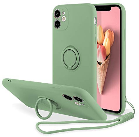UEEBAI Case for iPhone 11 6.1 inch, Ultra Slim TPU Shockproof Case Liquid Silicone Case Rotatable Ring Holder Kickstand with Magnetic Car Mount Gel Rubber Cover Wrist Strap for iPhone 11- Matcha Green