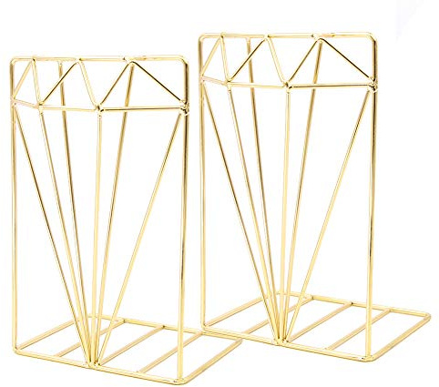 Metal Bookends Diamond Design Book Ends Heavy Duty Modern Decorative for Bedroom Library Office School Book Display Desktop Organizer Gift (Gold)