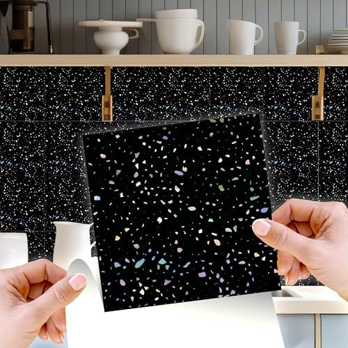 WALPLUS Lot de 24 autocollants muraux holographiques à paillettes Terrazzo pour carrelage de cuisine et salle de bain Noir 15 cm