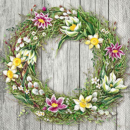 Boston International IHR 3-lagige Papierservietten, Cocktailgröße, 20 Stück, Frühlingskranz grau