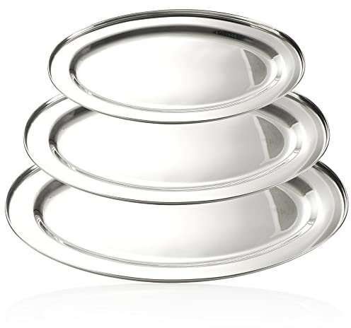 com-four® 3x Bandeja para Servir de Acero Inox - Plato Ovalado para Servir y Decorar - Bandeja de Servicio - Bandeja Decorativa Brillante en 3 Tamaños (1 vez cada 34-40-45 cm)