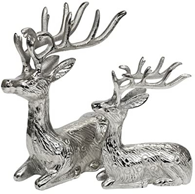MichaelNoll Hirsch 2er Set - Liegend - Rentier Aluminium Metall Silber - Figur Statue Dekofigur - Deko für Wohnzimmer, Küche, Schlafzimmer - Weihnachten Winter - Hirschgeweih Dekoration