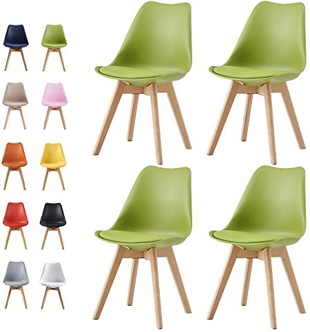 mcc direct Set of 4 Dining Chairs Wooden Legs Soft Cushion Pad Stylish DELUXE Retro Lounge Dining Office EVA (Green)