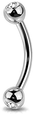 Jewel Barrel Crystal Curved Barbell Eyebrow Bar Piercing Jewellery Earring Daith Rook Anodized Steel 16G (1.2m) 6mm 8mm Length Silver Rose Gold Black with Double Jewelled CZ Balls (Silver, 8)