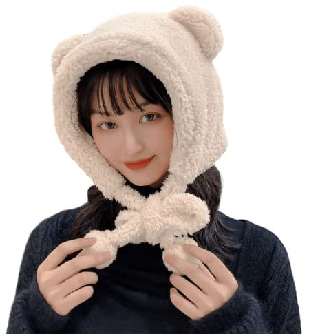 Damen Beanie-Mütze im Kawaii-Bär-Ohren-Design, warm, dick, Fleece, Bommel, flauschig, Plüsch, Sherpa-Sturmhaube, Beige, 7-7 1/8
