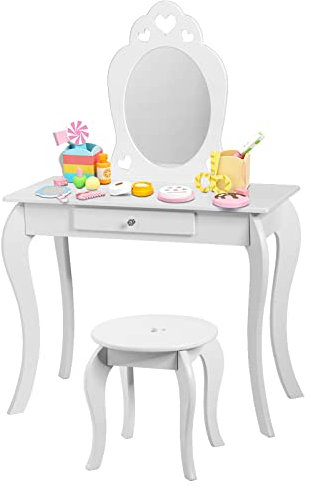 LIFEZEAL Tocador Infantil, Juego de tocador con Espejo y Taburete, Mesa de Maquillaje para niña de 3 años, Escritorio con Silla Redonda de Madera, Estilo Princesa, 70x34x105cm (Blanco)