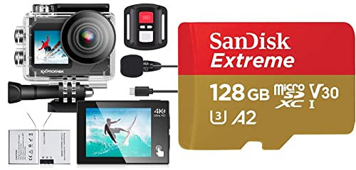 Exprotrek Action Cam,4K 30fps Ultra HD & SanDisk Extreme microSDXC UHS-I Speicherkarte 128 GB + Adapter (Für Smartphones, Actionkameras und Drohnen, A2, C10, V30, U3, 190 MB/s, RescuePRO Deluxe)