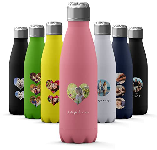 Tirita Custom Photo Personalised Water Bottle - Thermal Travel Flask - Insulated Stainless Steel Bottle - Gym, Office, School Drink - 500ml [01- Photo in Heart with Name on Pink]