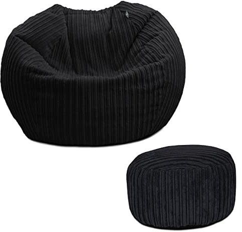 rucomfy Beanbags Jumbo Cord Kids Mini-Slouch Bean Bag Chair - Childrens Bedroom Playroom Furniture and Fun Decor. Arrives with Filling and Machine Washable - 60 x 80cm (Black, with Footstool)