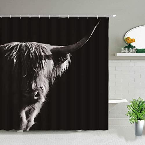 XLYYDS Duschvorhang 120x200 Graue Hochlandrinder, Duschvorhänge Antischimmel 3D Schwarz, Shower Curtains Wasserdicht Waschbar, Duschrollo für Badewanne Dusche Badezimmer, mit 8 Ringe