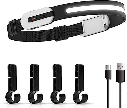 Creperture LED-Stirnlampe, wiederaufladbar, 230 Grad, COB-LED-Stirnlampe mit Bewegungsmelder, leicht, wasserdicht, Stirnlampe für Laufen, Radfahren, Camping, Angeln, Weiß
