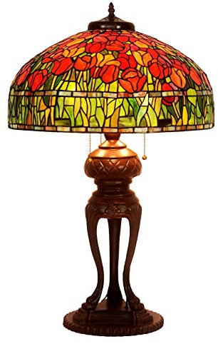 AIBOTY Tiffany Lampe Tischlampe Rose Libelle Tulpe Glyzinien Traube Pfirsich Kapok Pfingstrose Apfel Blume Design Buntglas Lampenschirm Schreibtischlampe Für Wohnzimmer, W20 XH32,Tulip