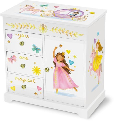 Portagioie Carillon Principessa per Bambine - Scatola Musicale per Bambini con Cassetti, Regali Principessa per Bambine, Scatole per Gioielli Principessa da 3 a 10 anni - 22,9 x 12,7 x 23,5 cm, Bianca