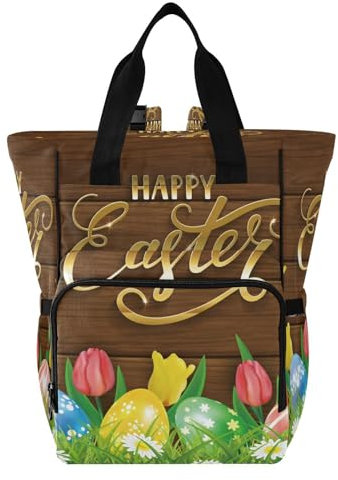 Windel-Handtasche, wasserdicht und stilvoll, Wickeltasche, Rucksack für 2 Kinder, für lässiges Einkaufen, Reisen, Ostereier, Gras auf braunem Holz, Mehrfarbig, 1 size, modern/enganliegend
