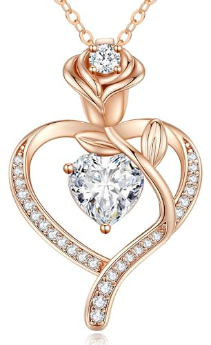 CDE Halskette Damen Rosegold Herz Kette Sterling Silber 925 Geburtsstein Geschenke für Frauen mit Anhänger Schmuck Geburtstag Weihnachten Valentinstag Muttertag Mama (Rosegold-04)