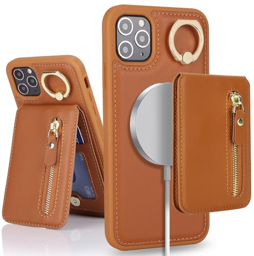 SailorTech iPhone 11 Pro Max Phone Leather Case with Credit Card Holder Magsafe, iPhone 11 Pro Max Case Ring Stand with Kickstand Card Slots Wallet Detachable 2-in-1 Zipper Case - Brown