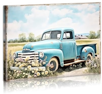 Rustikale Vintage-Wandkunst mit altem LKW, blaues Auto, Blume, Landschaftsbild, LKW, Gemälde, Himmel und Wildblumen für Wohnzimmer, Babyzimmer, Kinderzimmer, Schlafzimmer, Badezimmer, Büro, Dekoration