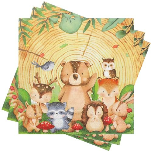 40Stück Servietten Kindergeburtstag,Waldtiere Servietten Geburtstag Tischdeko, Dschungel Servietten Happy Birthday, Waldtiere Party Einweg Servietten für Kindergeburtstag Jungen Mädchen Geburtstag